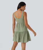 U Neck Backless Button Ruffle Hem Flowy Mini Resort Dress — Light Green Floral Yarn — view 2