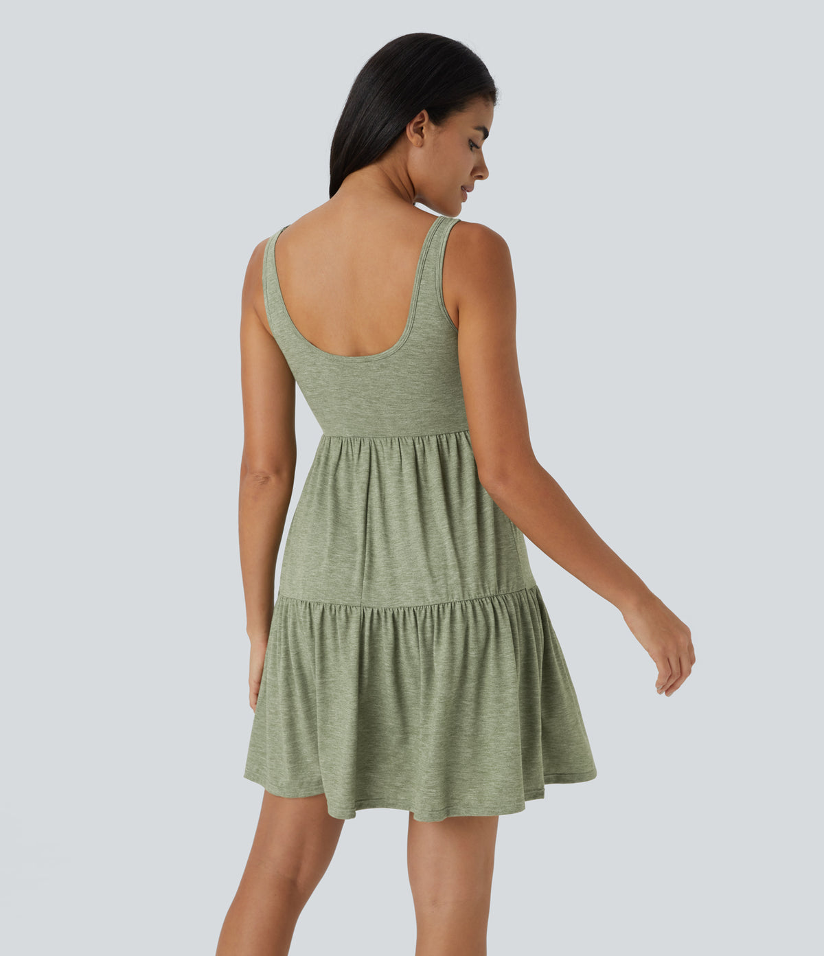 U Neck Backless Button Ruffle Hem Flowy Mini Resort Dress — Light Green Floral Yarn — view 2