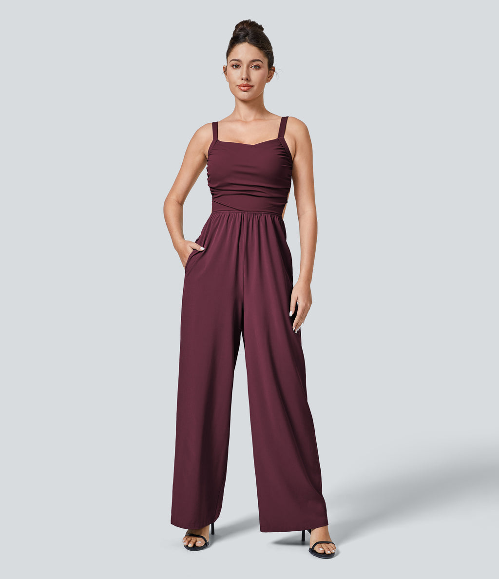 Backless Crisscross Lace Up Side Pocket Quick Dry Casual Jumpsuit — Amaranth — view 1