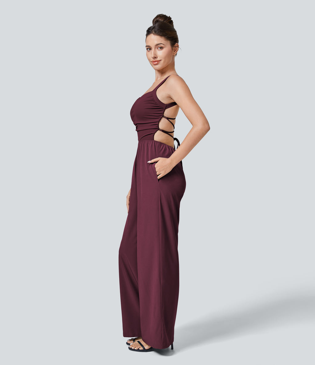 Backless Crisscross Lace Up Side Pocket Quick Dry Casual Jumpsuit — Amaranth — view 3