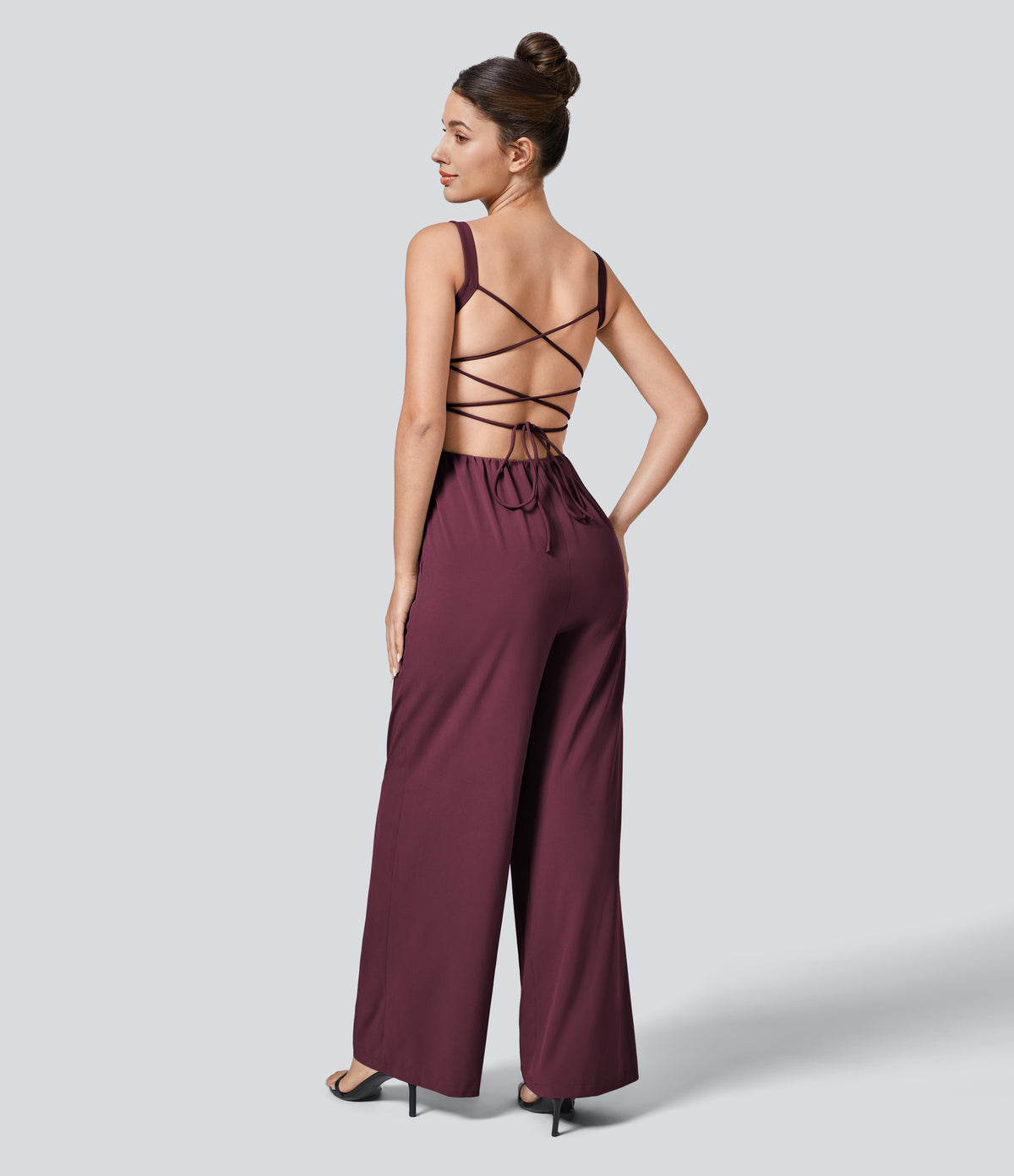Backless Crisscross Lace Up Side Pocket Quick Dry Casual Jumpsuit — Amaranth — view 2