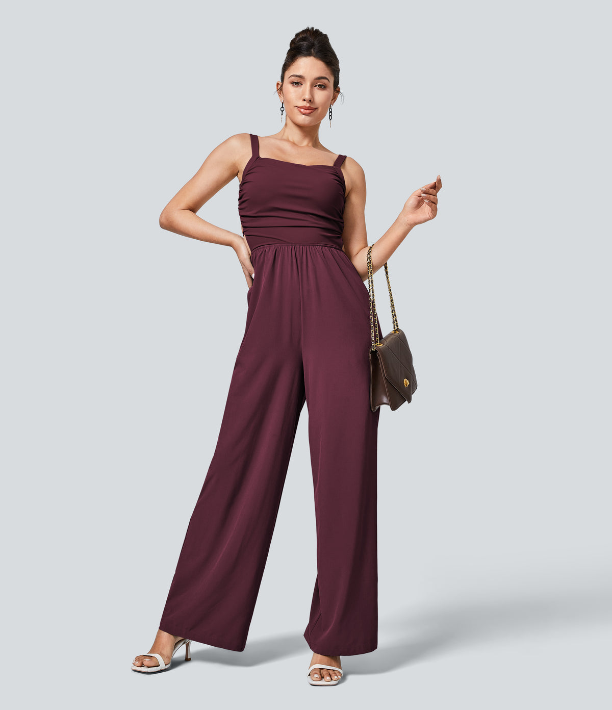 Backless Crisscross Lace Up Side Pocket Quick Dry Casual Jumpsuit — Amaranth — view 5