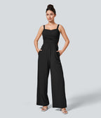 Backless Crisscross Lace Up Side Pocket Quick Dry Casual Jumpsuit — Black — view 6