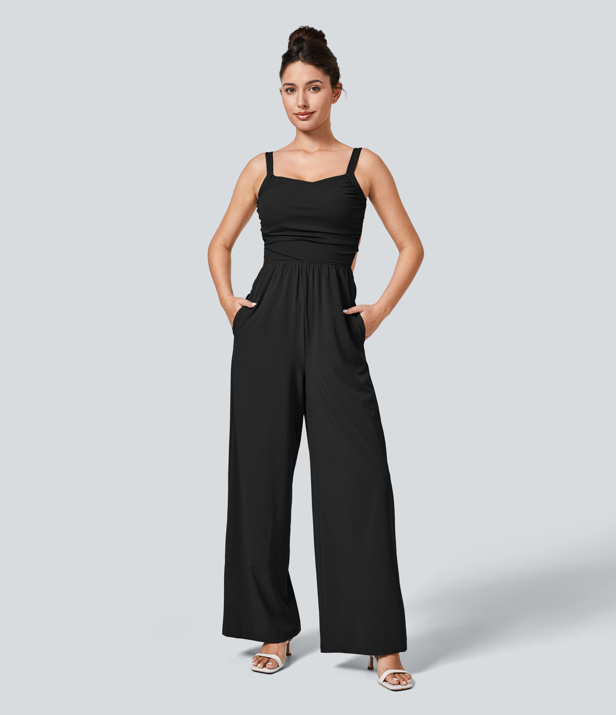 Backless Crisscross Lace Up Side Pocket Quick Dry Casual Jumpsuit — Black — view 6