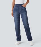 High Waisted Pockets Straight Leg Washed Casual Jeans — Paint Blue Denim — view 3