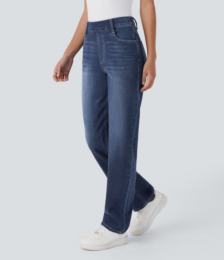 High Waisted Pockets Straight Leg Washed Casual Jeans — Paint Blue Denim — view 1