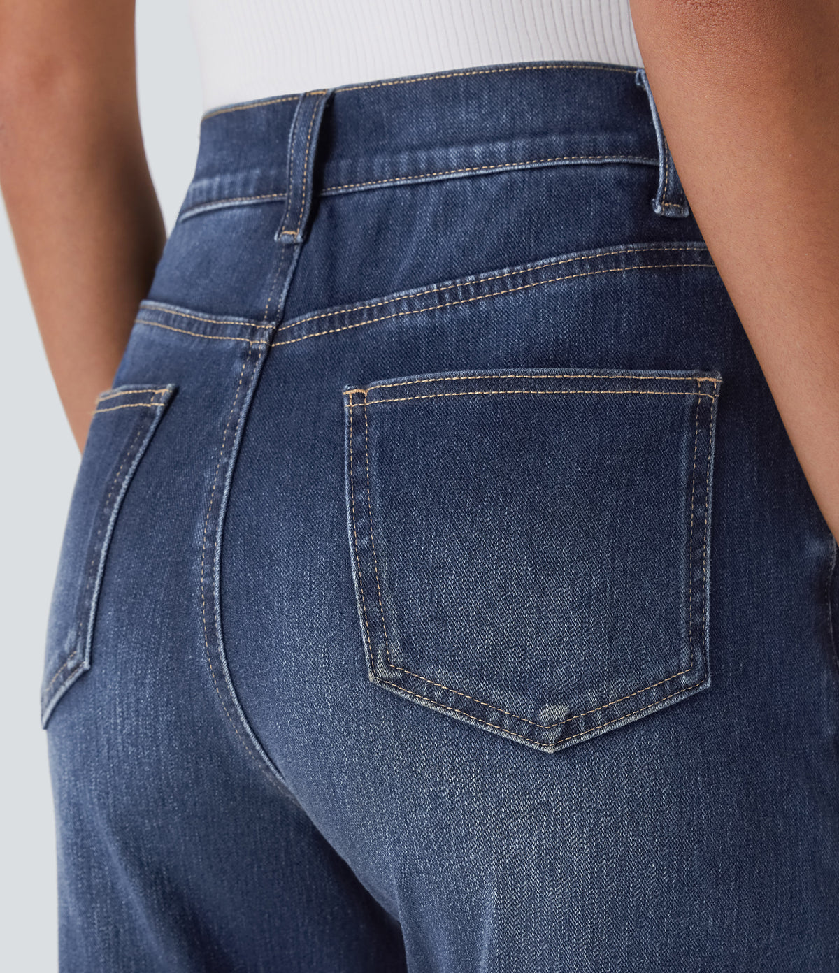 High Waisted Pockets Straight Leg Washed Casual Jeans — Paint Blue Denim — view 5