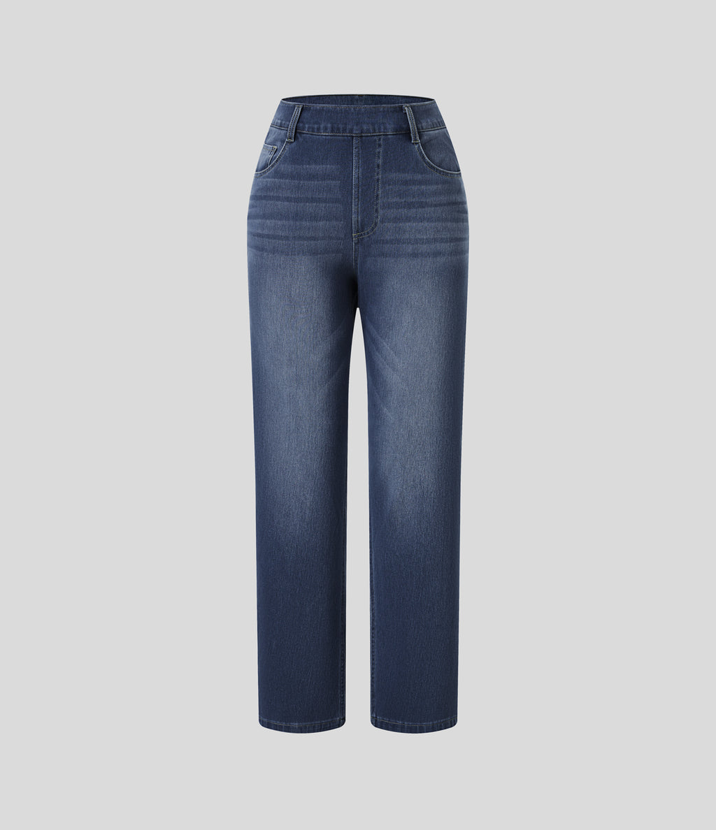 High Waisted Pockets Straight Leg Washed Casual Jeans — Paint Blue Denim — view 7