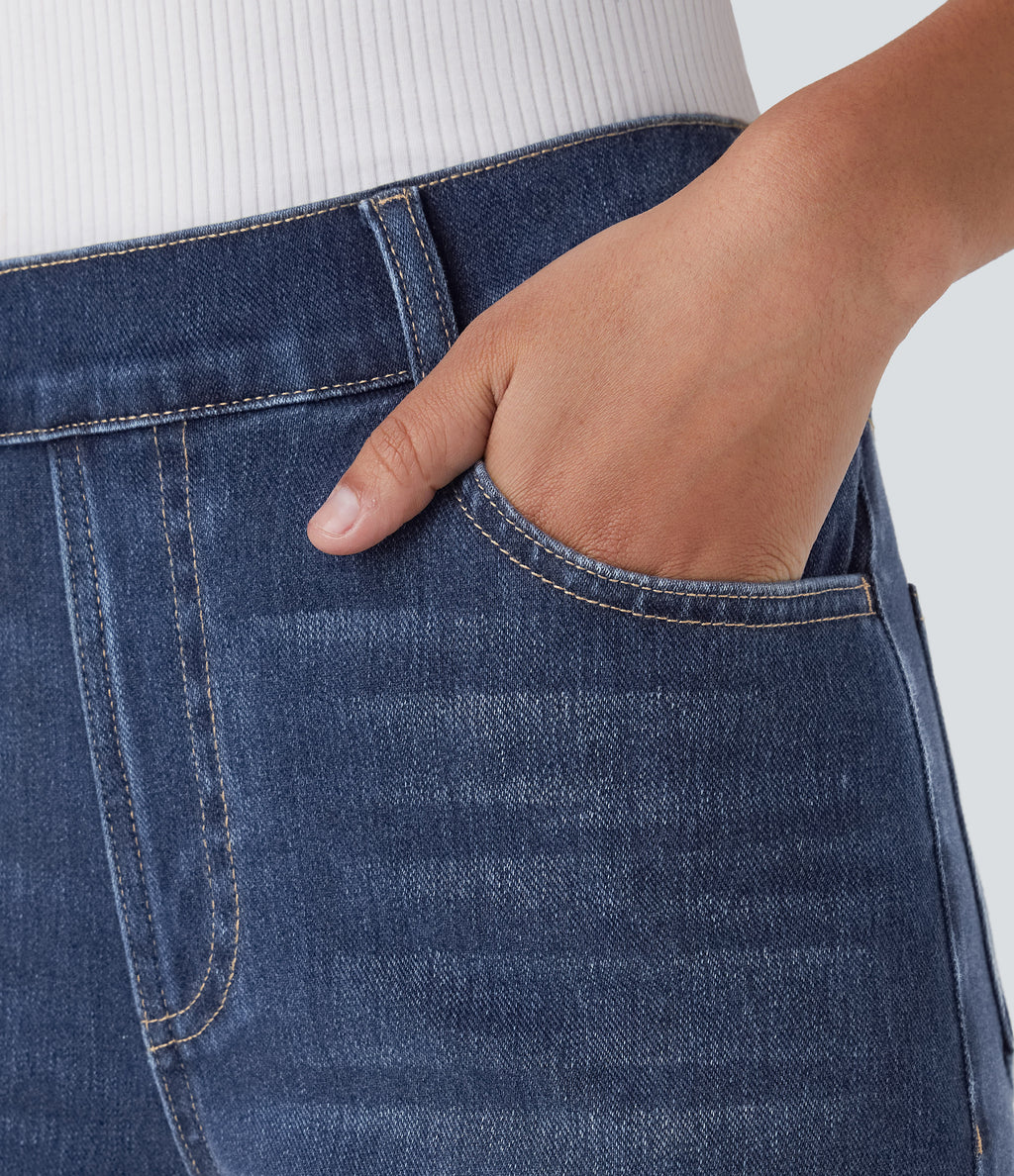 High Waisted Pockets Straight Leg Washed Casual Jeans — Paint Blue Denim — view 4