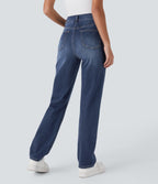 High Waisted Pockets Straight Leg Washed Casual Jeans — Paint Blue Denim — view 2