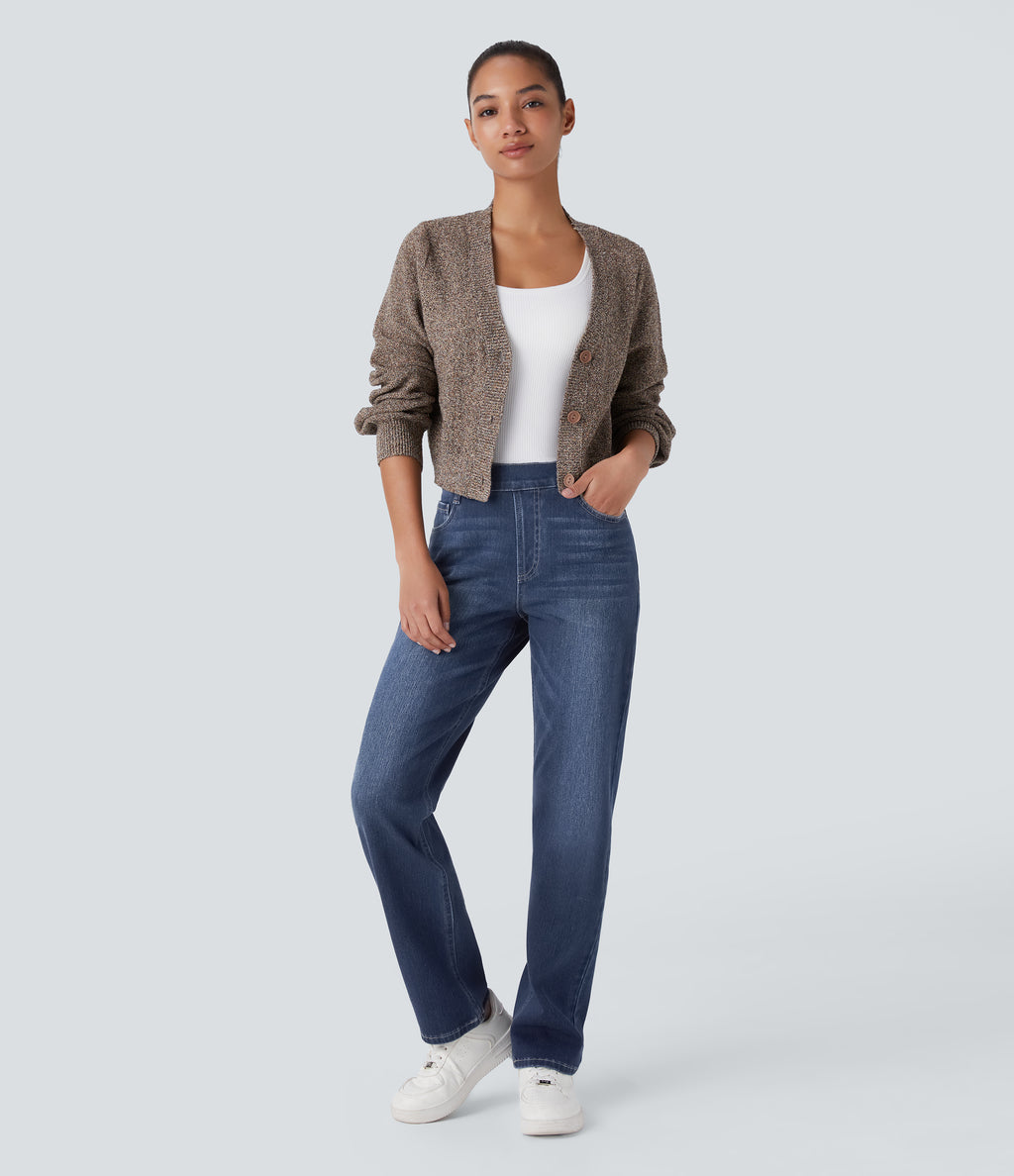 High Waisted Pockets Straight Leg Washed Casual Jeans — Paint Blue Denim — view 6
