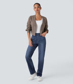 High Waisted Pockets Straight Leg Washed Casual Jeans — Paint Blue Denim — view 6