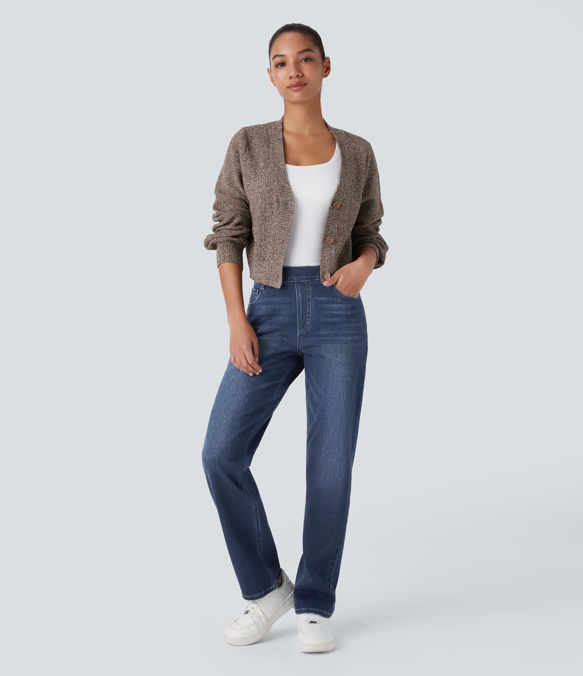 High Waisted Pockets Straight Leg Washed Casual Jeans — Paint Blue Denim — view 6