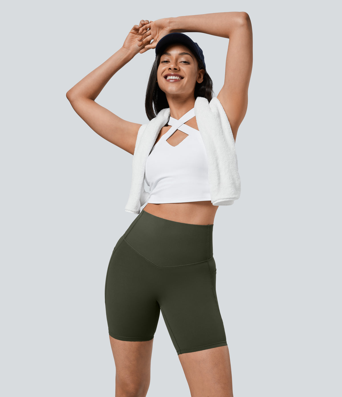 High Waisted Tummy Control Pocket Shaping Training Biker Shorts 7'' — Deep Woodland Green — view 5