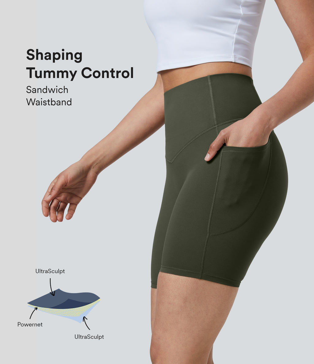 High Waisted Tummy Control Pocket Shaping Training Biker Shorts 7'' — Deep Woodland Green — view 1