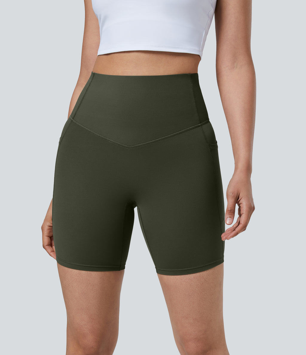 High Waisted Tummy Control Pocket Shaping Training Biker Shorts 7'' — Deep Woodland Green — view 4