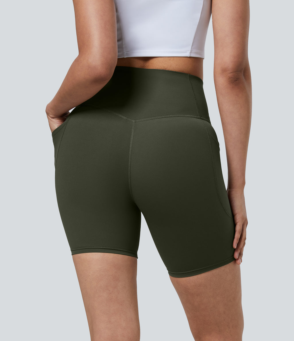 High Waisted Tummy Control Pocket Shaping Training Biker Shorts 7'' — Deep Woodland Green — view 3