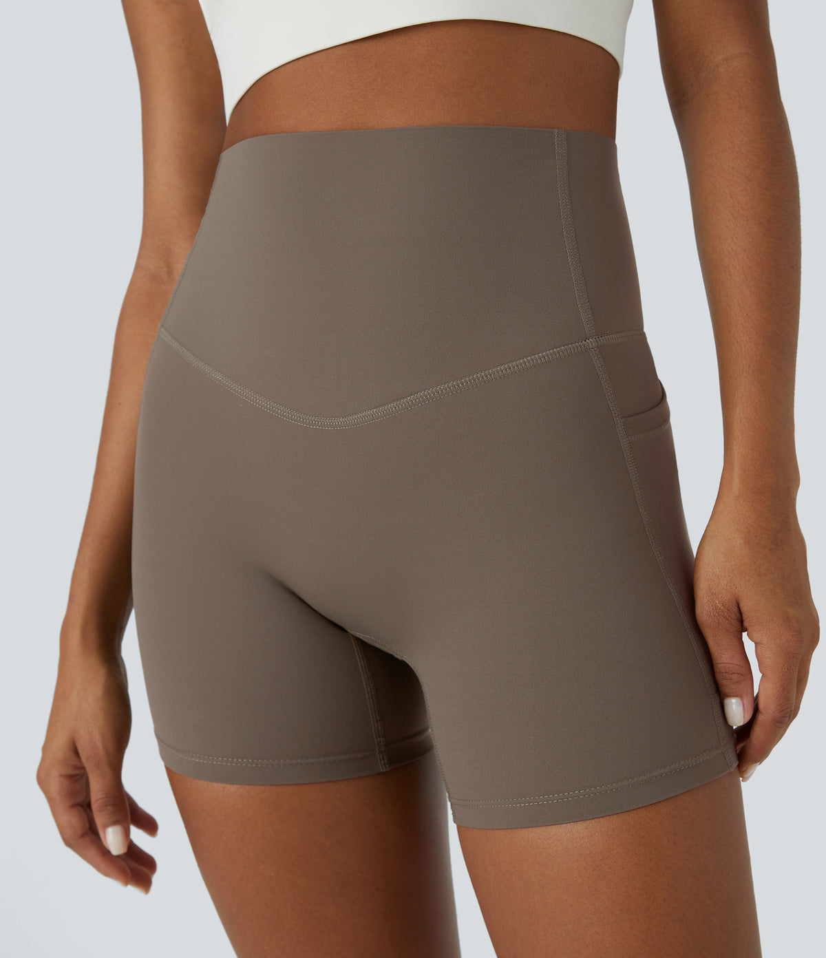 High Waisted Tummy Control Side Pocket Shaping Training Biker Shorts 5'' — Dawn Brown — view 5