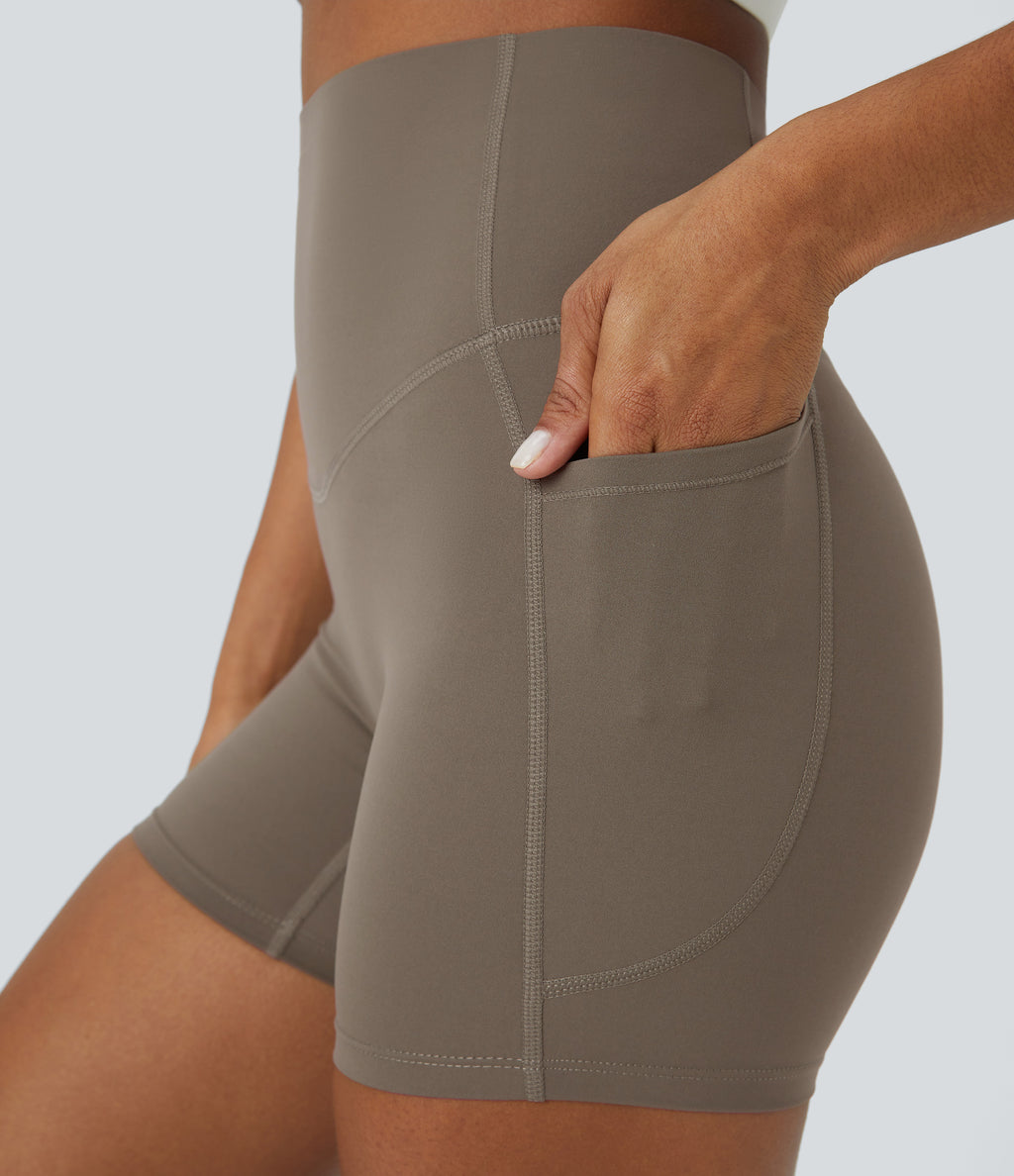 High Waisted Tummy Control Side Pocket Shaping Training Biker Shorts 5'' — Dawn Brown — view 6