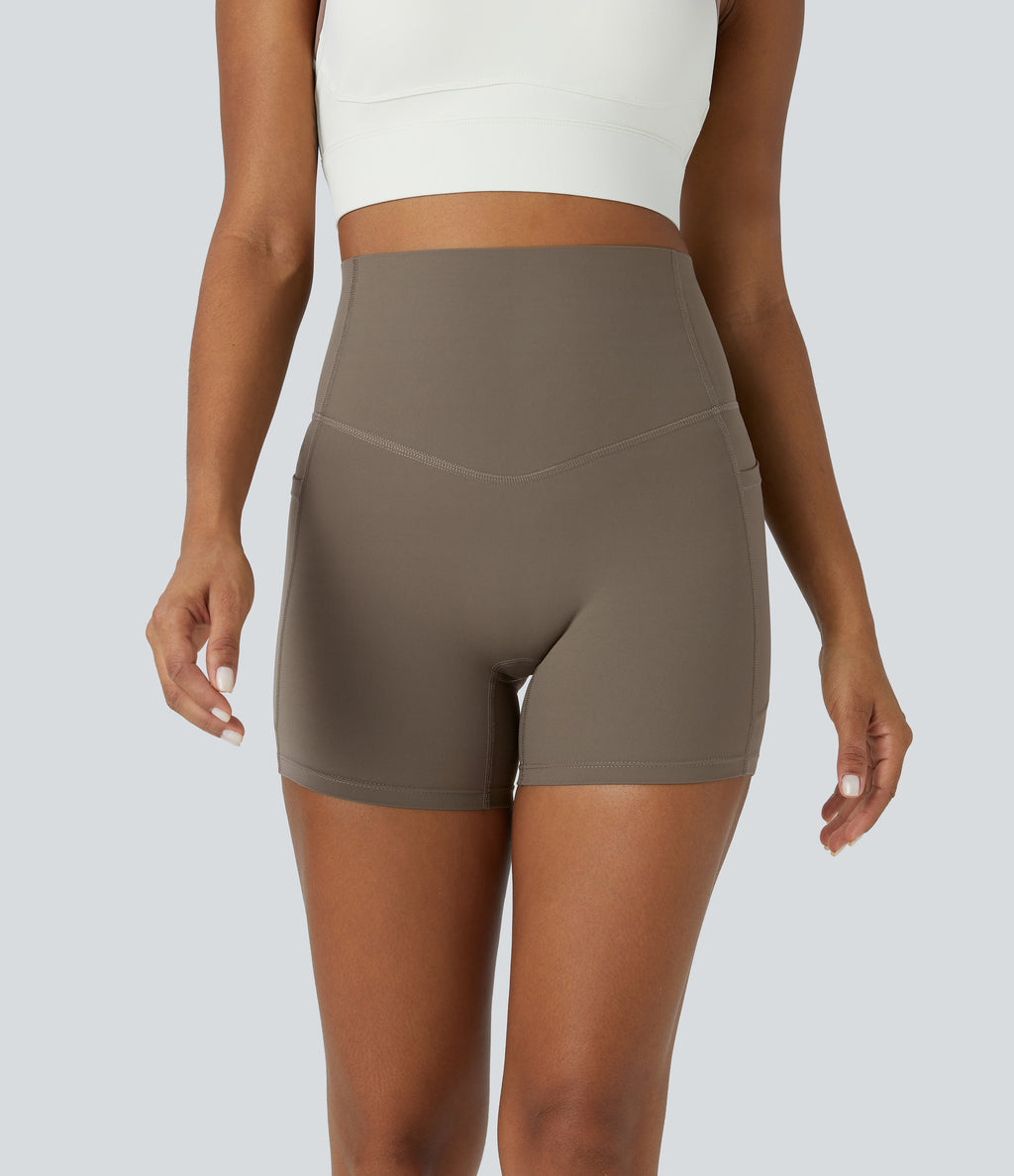 High Waisted Tummy Control Side Pocket Shaping Training Biker Shorts 5'' — Dawn Brown — view 3