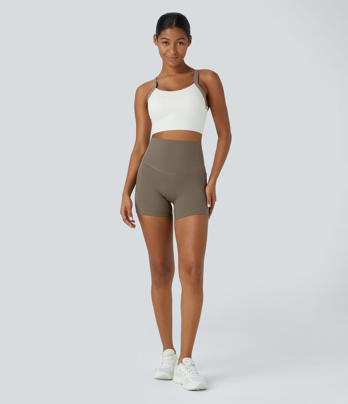 High Waisted Tummy Control Side Pocket Shaping Training Biker Shorts 5'' — Dawn Brown — view 8