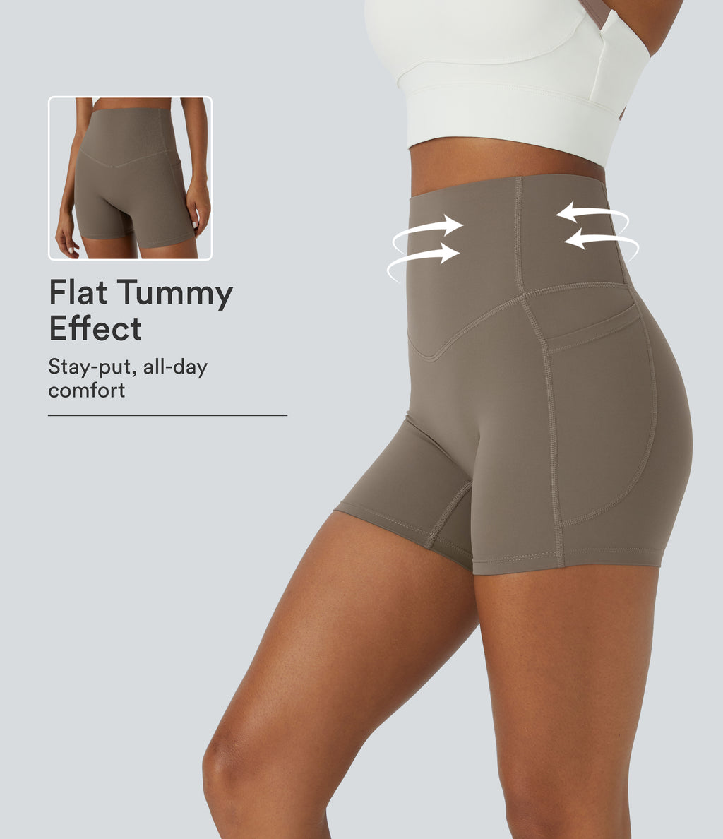 High Waisted Tummy Control Side Pocket Shaping Training Biker Shorts 5'' — Dawn Brown — view 1
