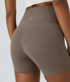 High Waisted Tummy Control Side Pocket Shaping Training Biker Shorts 5'' — Dawn Brown — view 7
