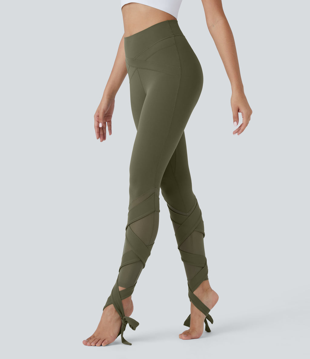 High Waisted Contrast Mesh Lace Up Yoga 7/8 Leggings — Grass Grey Green — view 4