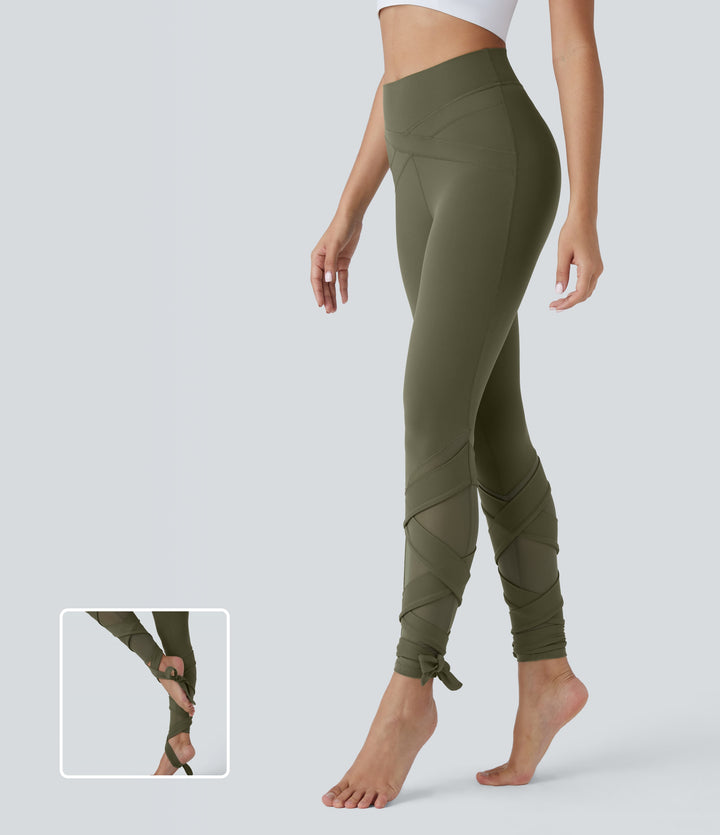 High Waisted Contrast Mesh Lace Up Yoga 7/8 Leggings — Grass Grey Green — view 1