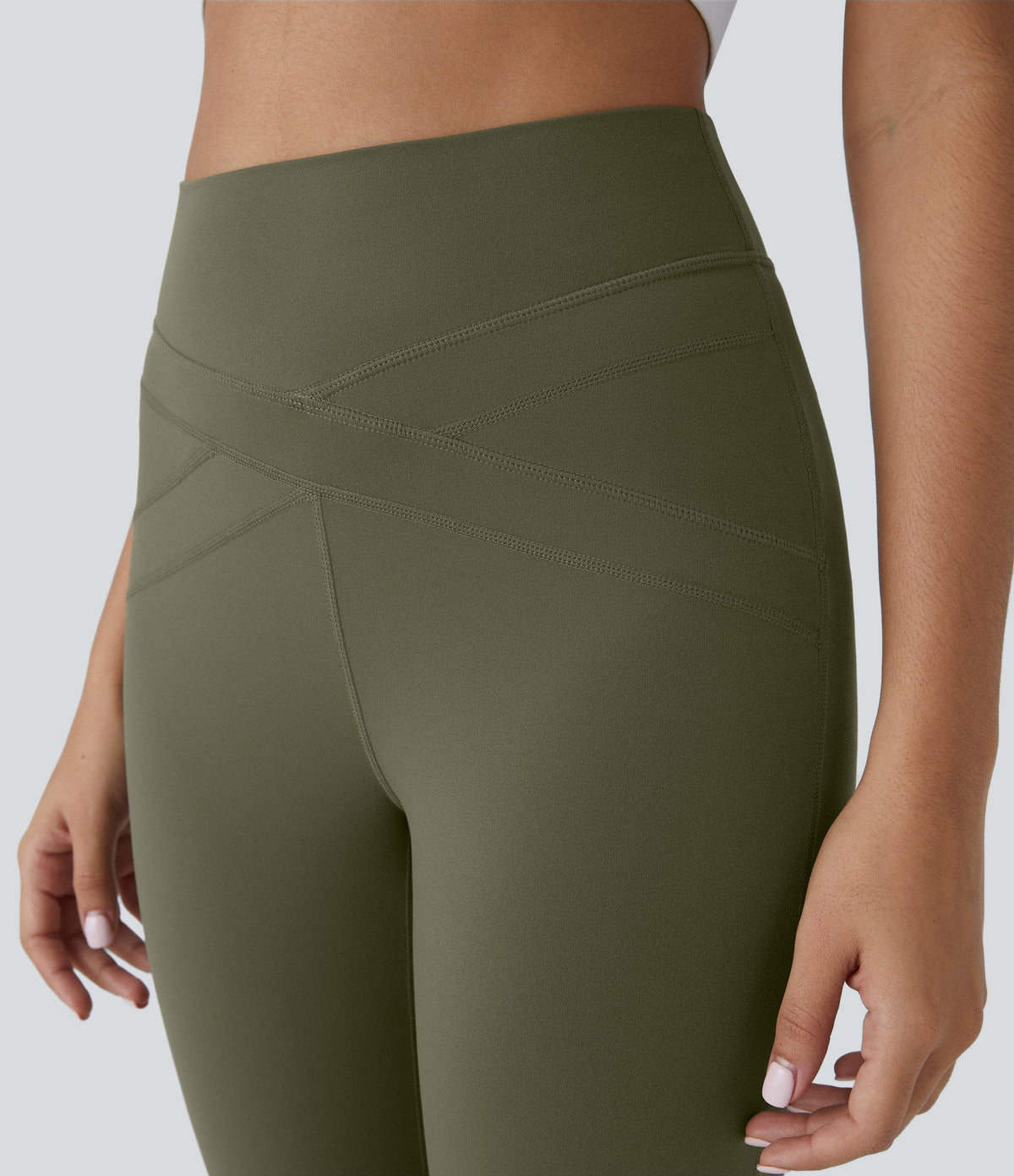 High Waisted Contrast Mesh Lace Up Yoga 7/8 Leggings — Grass Grey Green — view 5