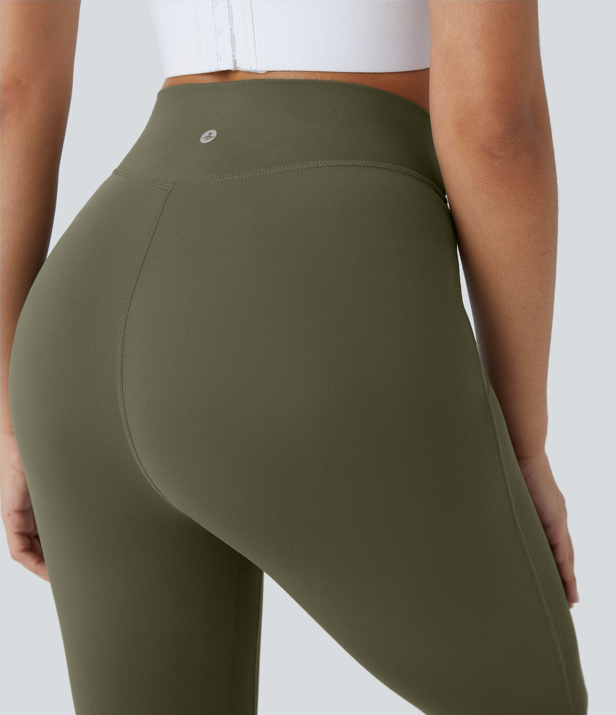 High Waisted Contrast Mesh Lace Up Yoga 7/8 Leggings — Grass Grey Green — view 6