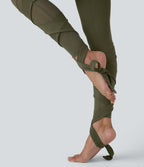 High Waisted Contrast Mesh Lace Up Yoga 7/8 Leggings — Grass Grey Green — view 8