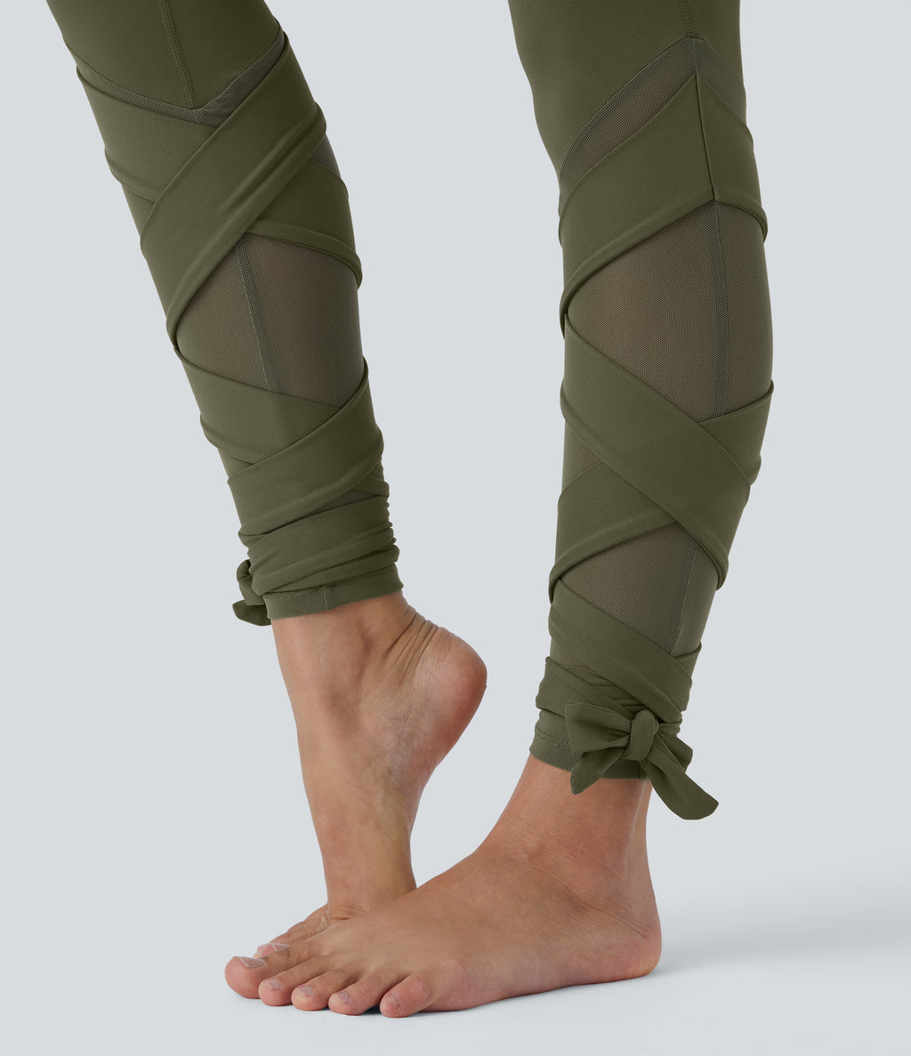 High Waisted Contrast Mesh Lace Up Yoga 7/8 Leggings — Grass Grey Green — view 7