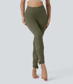 High Waisted Contrast Mesh Lace Up Yoga 7/8 Leggings — Grass Grey Green — view 3