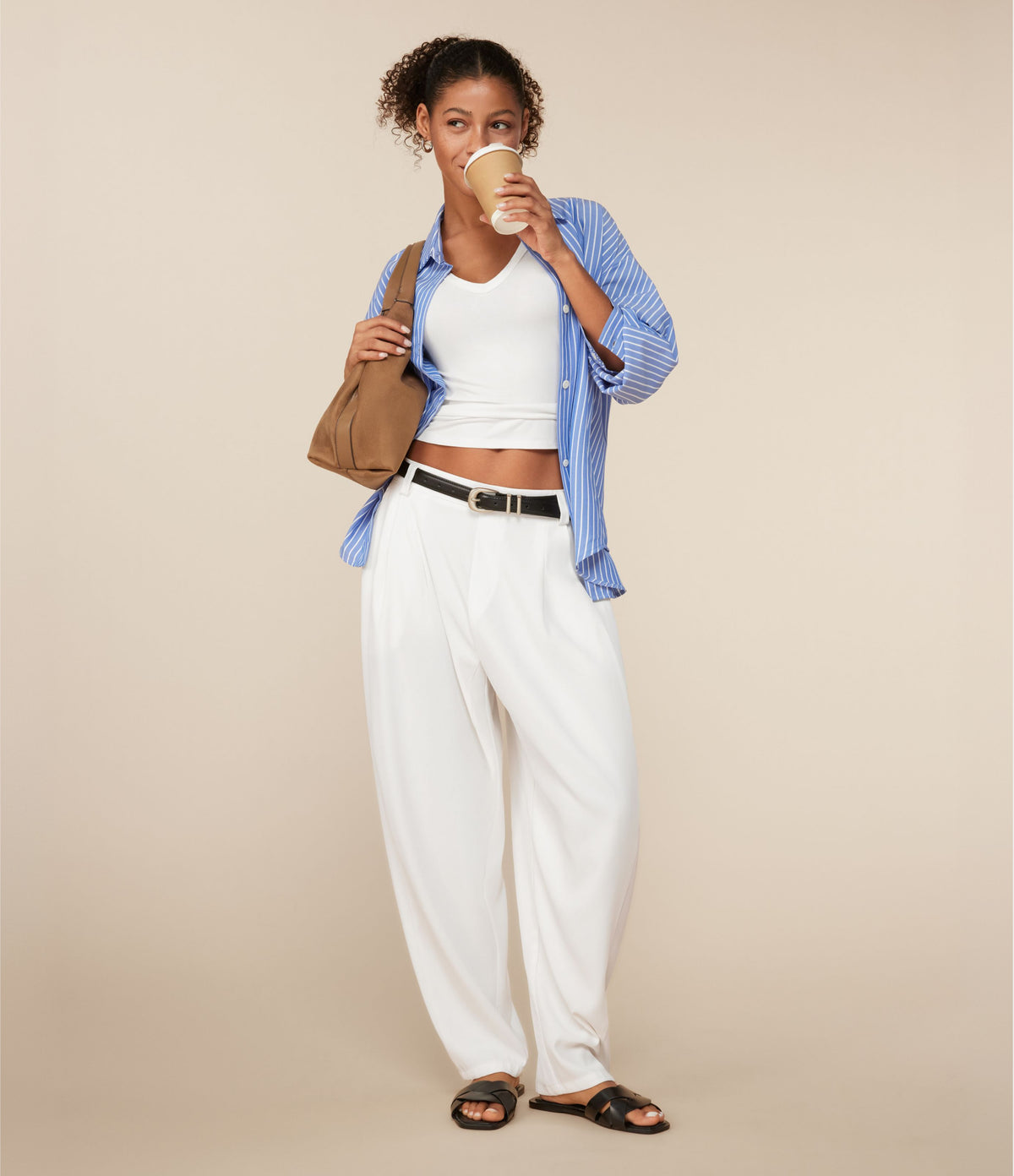 Mid Rise Pocket Barrel Leg Work Trousers — White — view 2