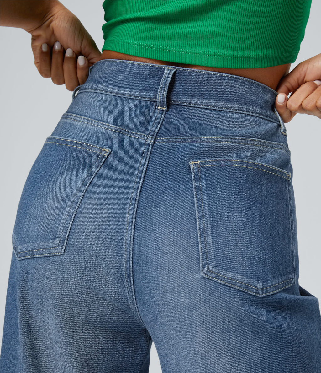 High Waisted Pockets Rolled Hem Wide Leg Washed Casual Jeans — Blue Spruce Denim — view 7
