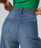High Waisted Pockets Rolled Hem Wide Leg Washed Casual Jeans — Blue Spruce Denim — view 7