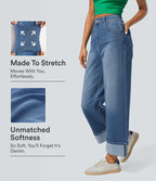 High Waisted Pockets Rolled Hem Wide Leg Washed Casual Jeans — Blue Spruce Denim — view 1
