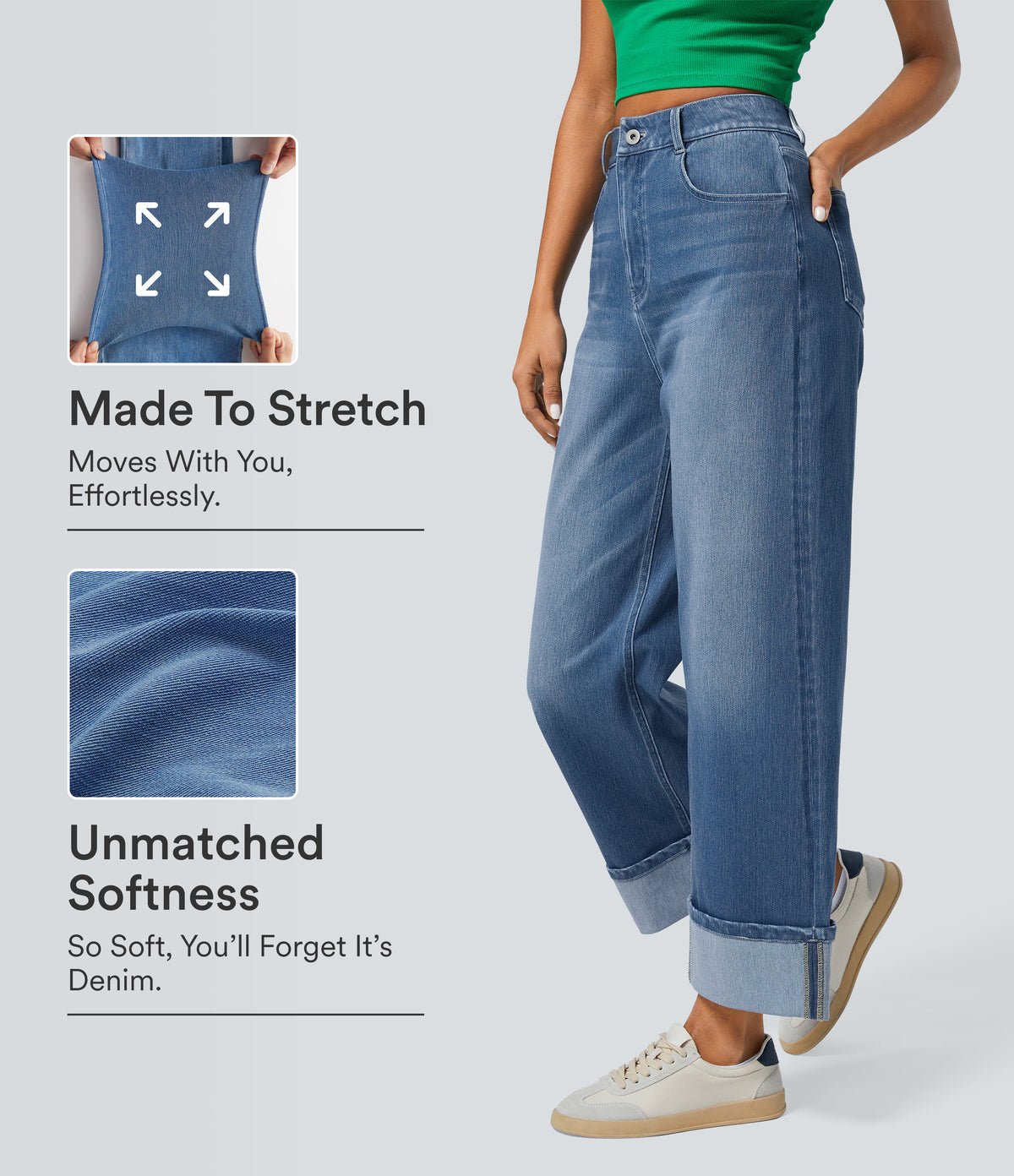 High Waisted Pockets Rolled Hem Wide Leg Washed Casual Jeans — Blue Spruce Denim — view 1