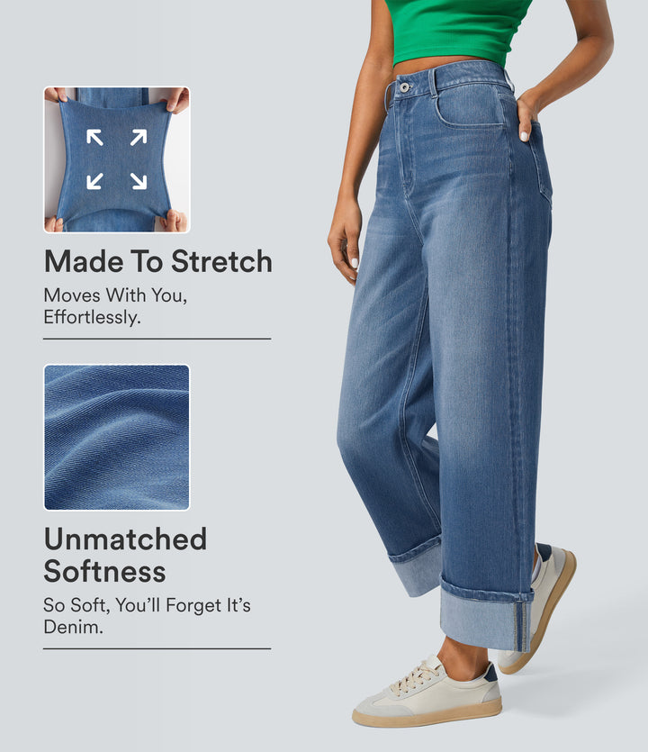 High Waisted Pockets Rolled Hem Wide Leg Washed Casual Jeans — Blue Spruce Denim — view 1