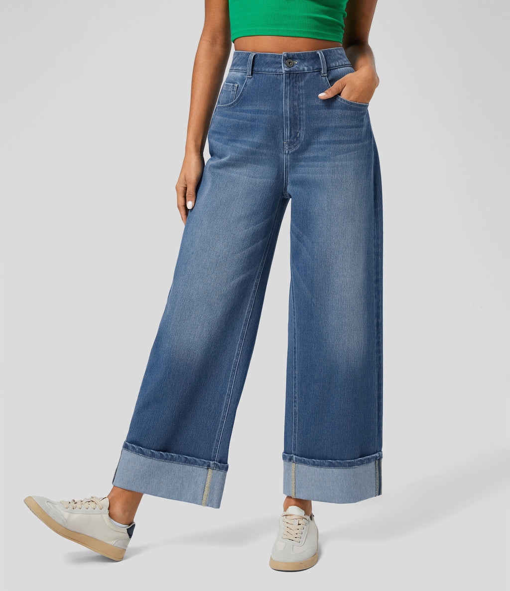 High Waisted Pockets Rolled Hem Wide Leg Washed Casual Jeans — Blue Spruce Denim — view 8