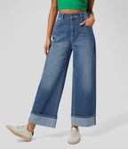 High Waisted Pockets Rolled Hem Wide Leg Washed Casual Jeans — Blue Spruce Denim — view 8