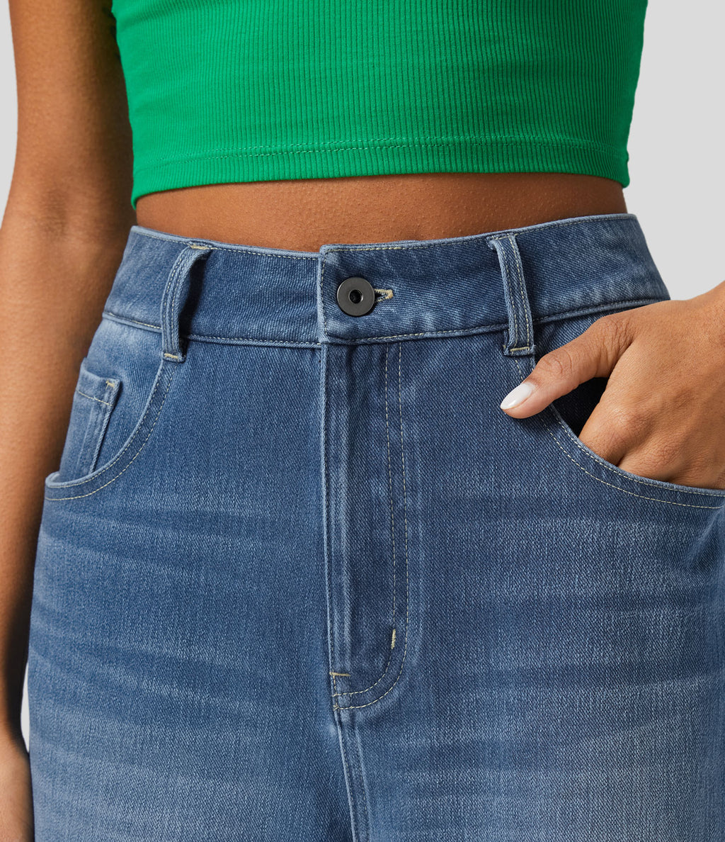 High Waisted Pockets Rolled Hem Wide Leg Washed Casual Jeans — Blue Spruce Denim — view 6