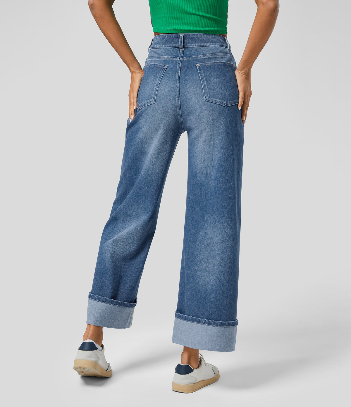 High Waisted Pockets Rolled Hem Wide Leg Washed Casual Jeans — Blue Spruce Denim — view 2