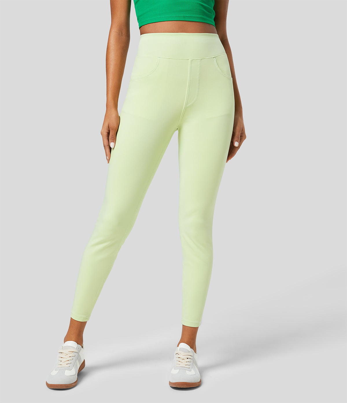 High Waisted Multiple Pockets Colourful Stretchy Knit Denim 7/8 Casual Leggings — Jasper Denim — view 1