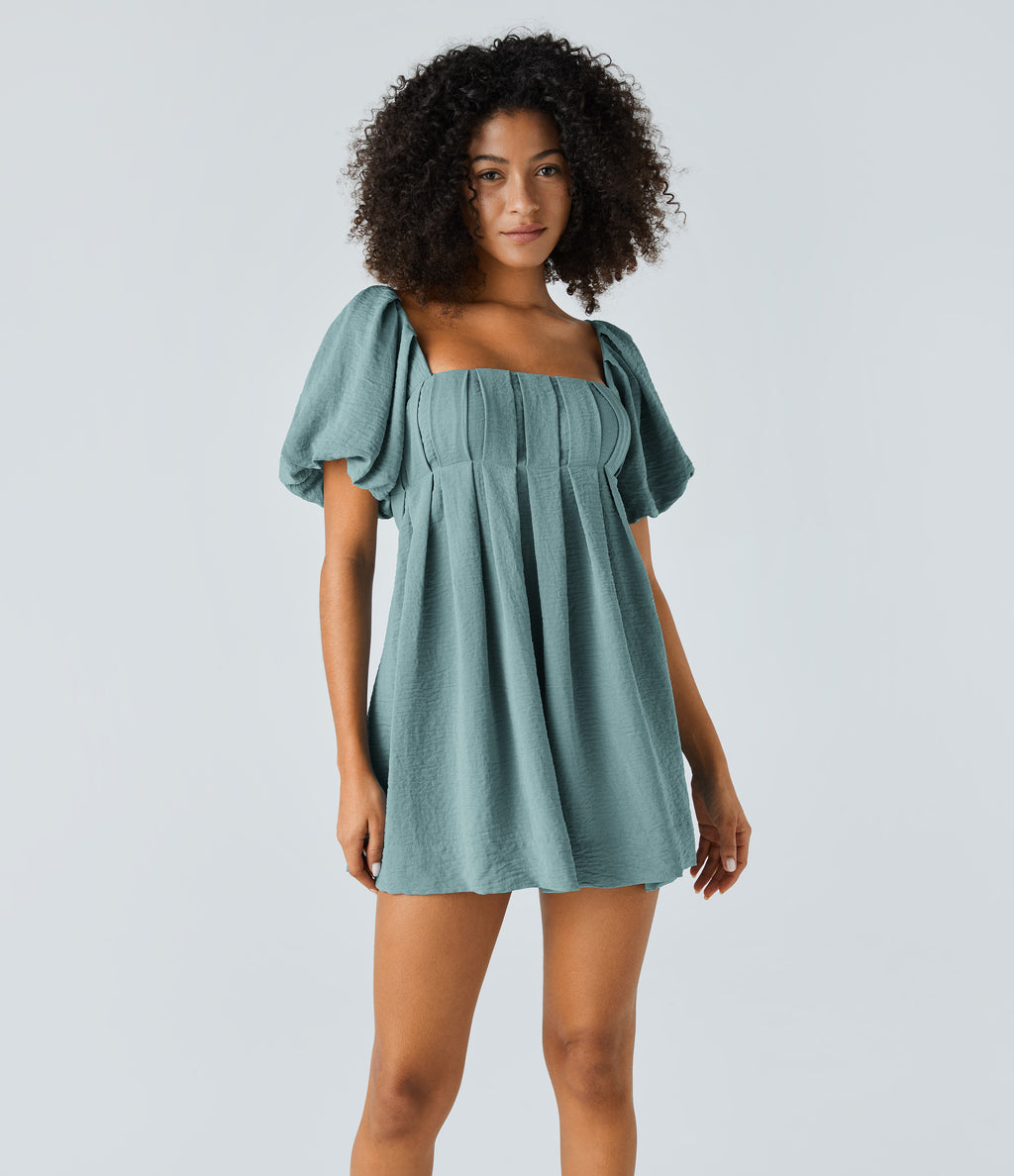 Backless Lace Up Square Neck Puff Sleeve Side Pocket Casual Linen-Feel Babydoll Dress — Morning Dew Green — view 2
