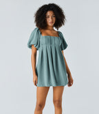 Backless Lace Up Square Neck Puff Sleeve Side Pocket Casual Linen-Feel Babydoll Dress — Morning Dew Green — view 2