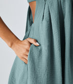 Backless Lace Up Square Neck Puff Sleeve Side Pocket Casual Linen-Feel Babydoll Dress — Morning Dew Green — view 6