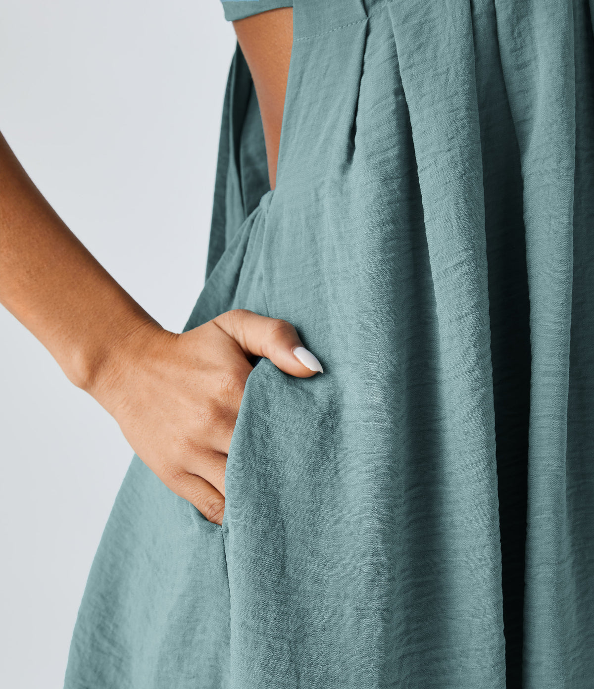 Backless Lace Up Square Neck Puff Sleeve Side Pocket Casual Linen-Feel Babydoll Dress — Morning Dew Green — view 6