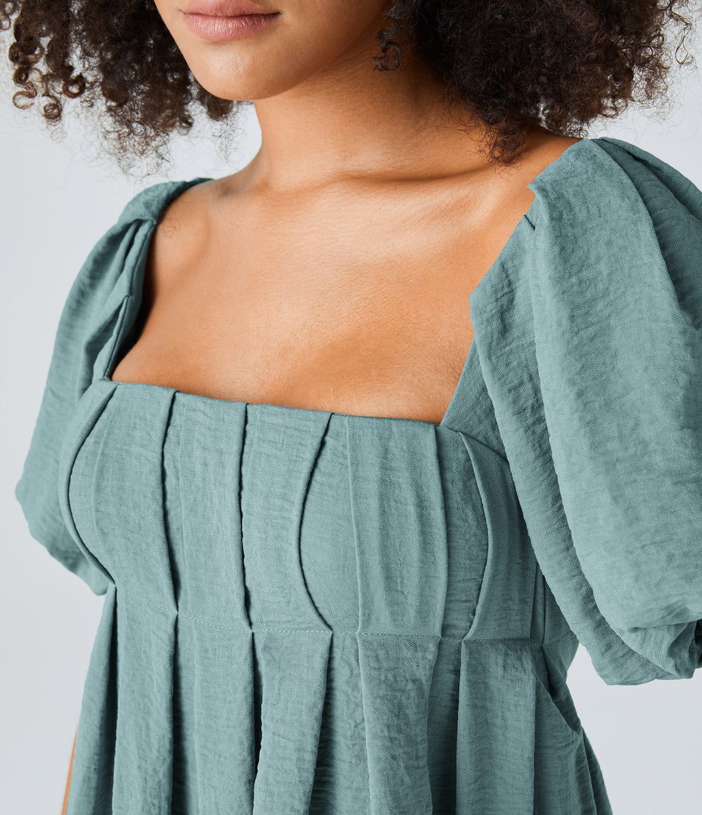 Backless Lace Up Square Neck Puff Sleeve Side Pocket Casual Linen-Feel Babydoll Dress — Morning Dew Green — view 4